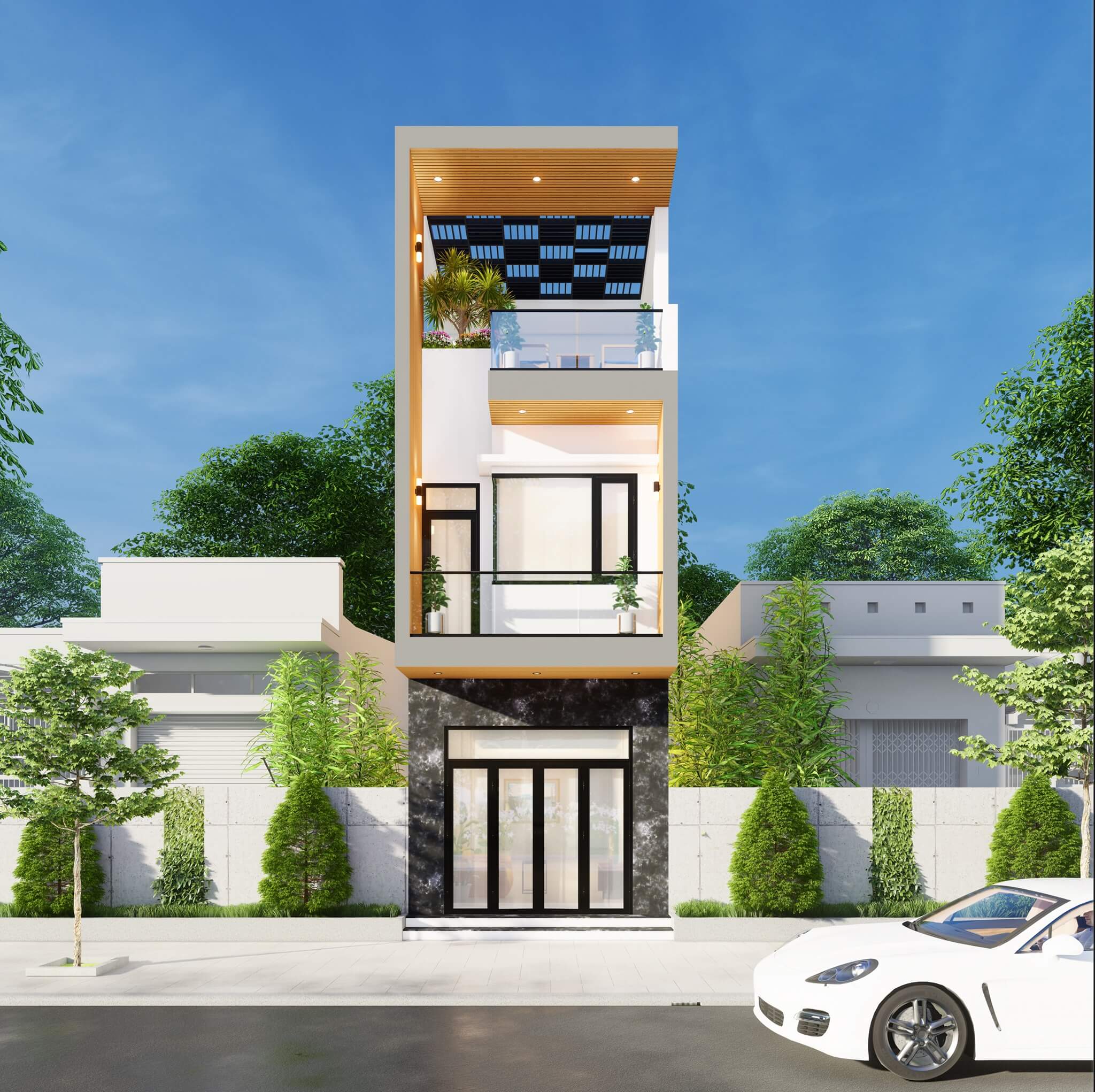 Nhà 2 tầng 1 tum (sân thượng có mái che thang)