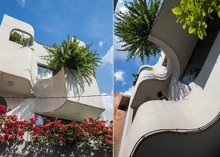 các đường cong bo tròn tại ban công, mái vòm hoặc các góc tường